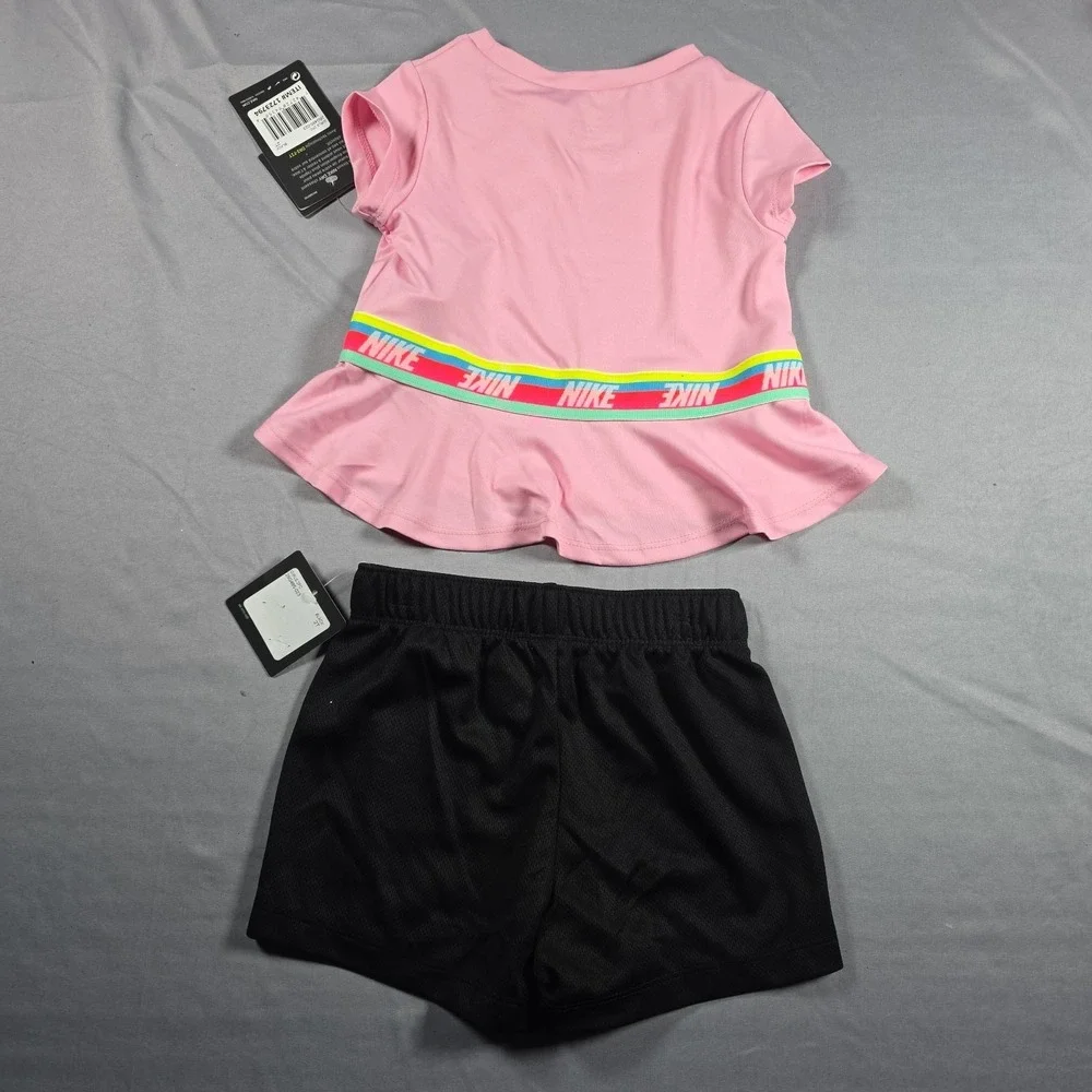Nike Dri-Fit Little Girl's  2-Piece Graphic Tee & Short Set Pink Black 2T